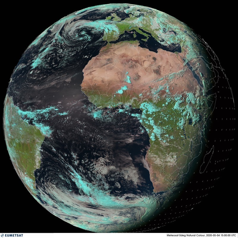 Meteosat 0 degree RGB composite natural colour full disc image from 04 May 2020 showing horizontal foreshortening over northern Europe. Image credit: EUMETSAT